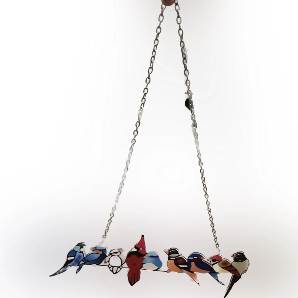 2 Piece Set of Wall Hanging Birds / Faux Stained Glass Look Effect w/ Chain